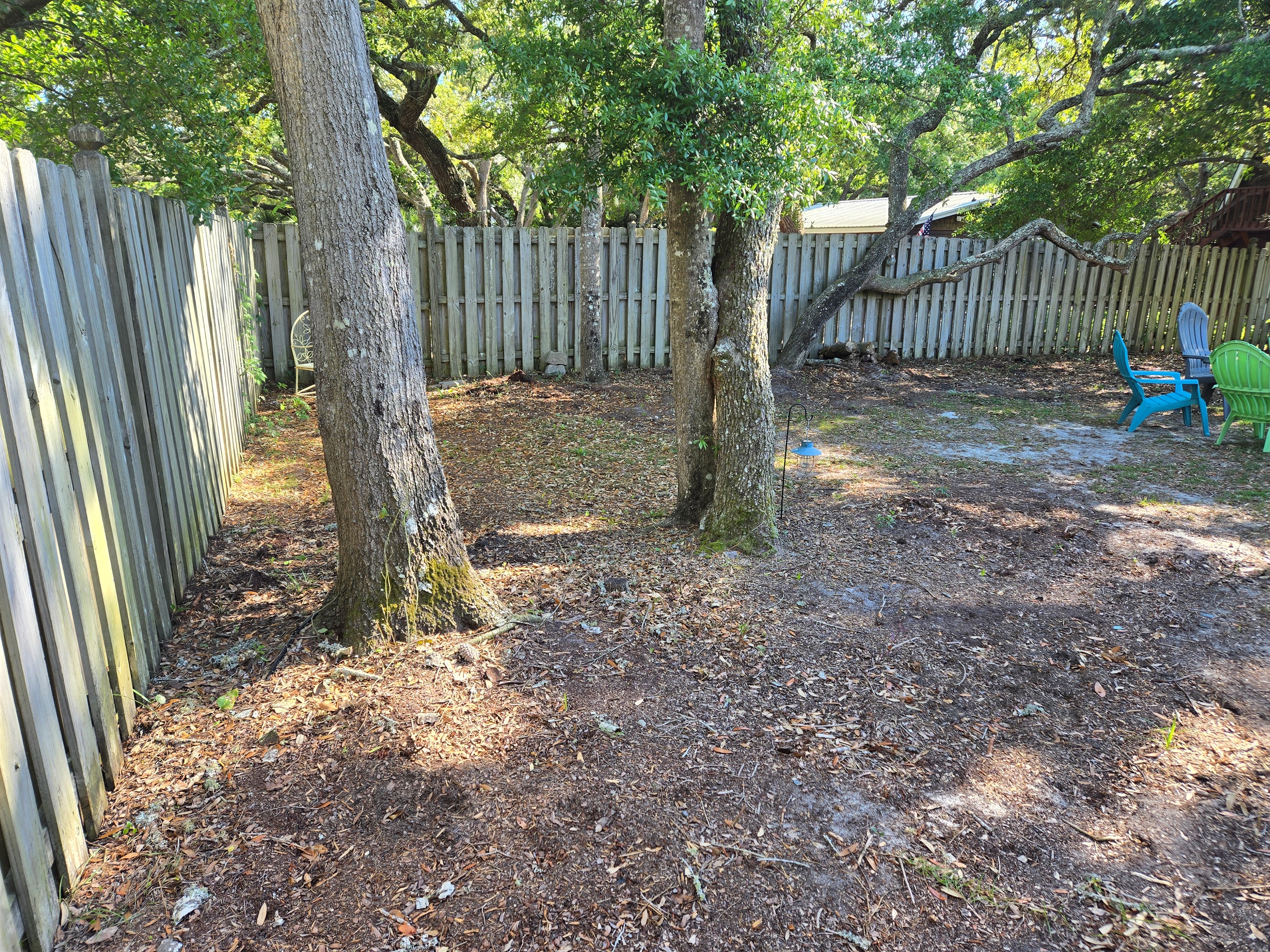 Large fenced in backyard with beautiful live oak trees