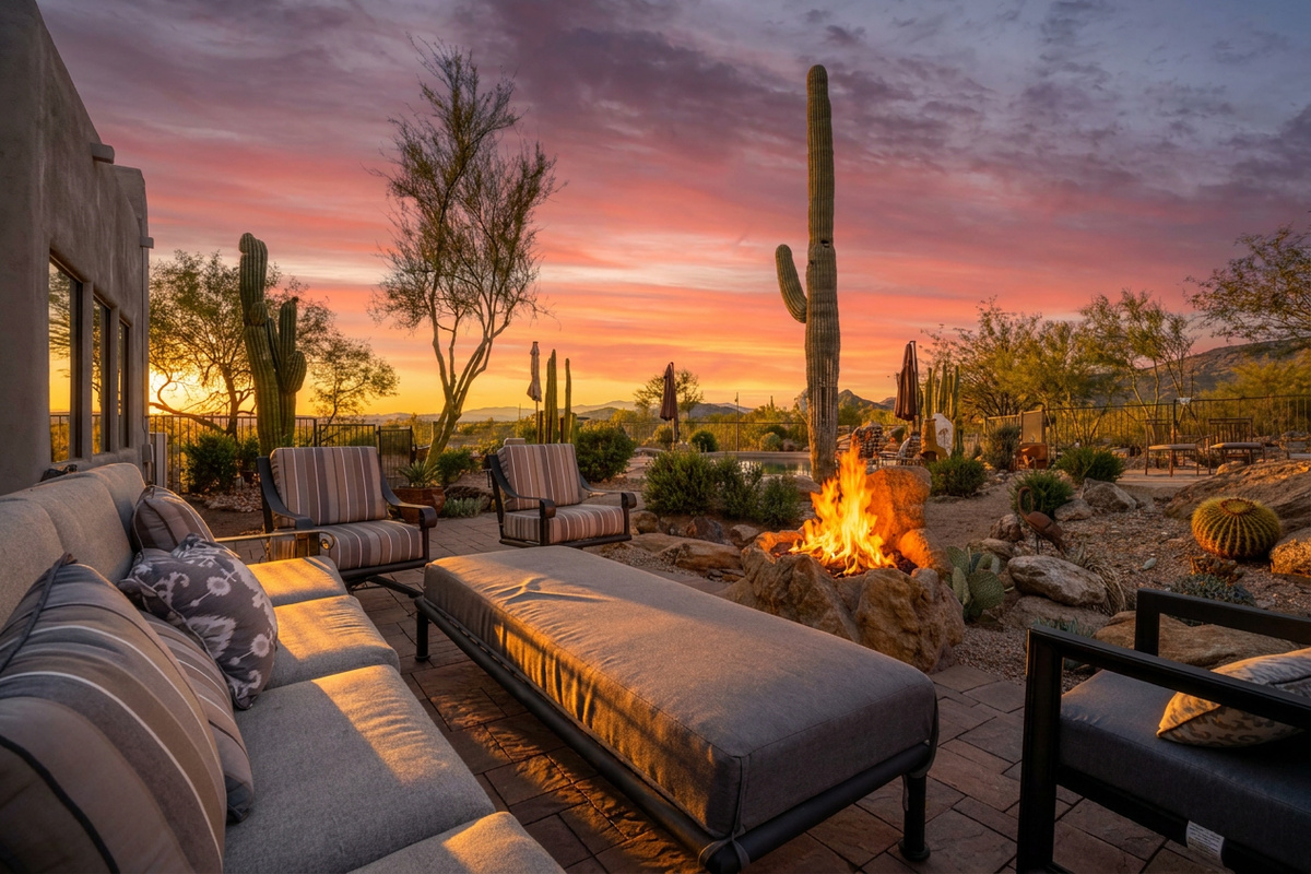 Kick back in the spacious, comfortable outdoor seating area w/gas fire feature—perfect for evening stargazing, beautiful mountain views as the backdrop and easy access to all the patio games.