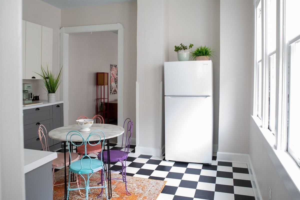 Full-size fridge + morning light that make waking up feel easy and cheerful.  