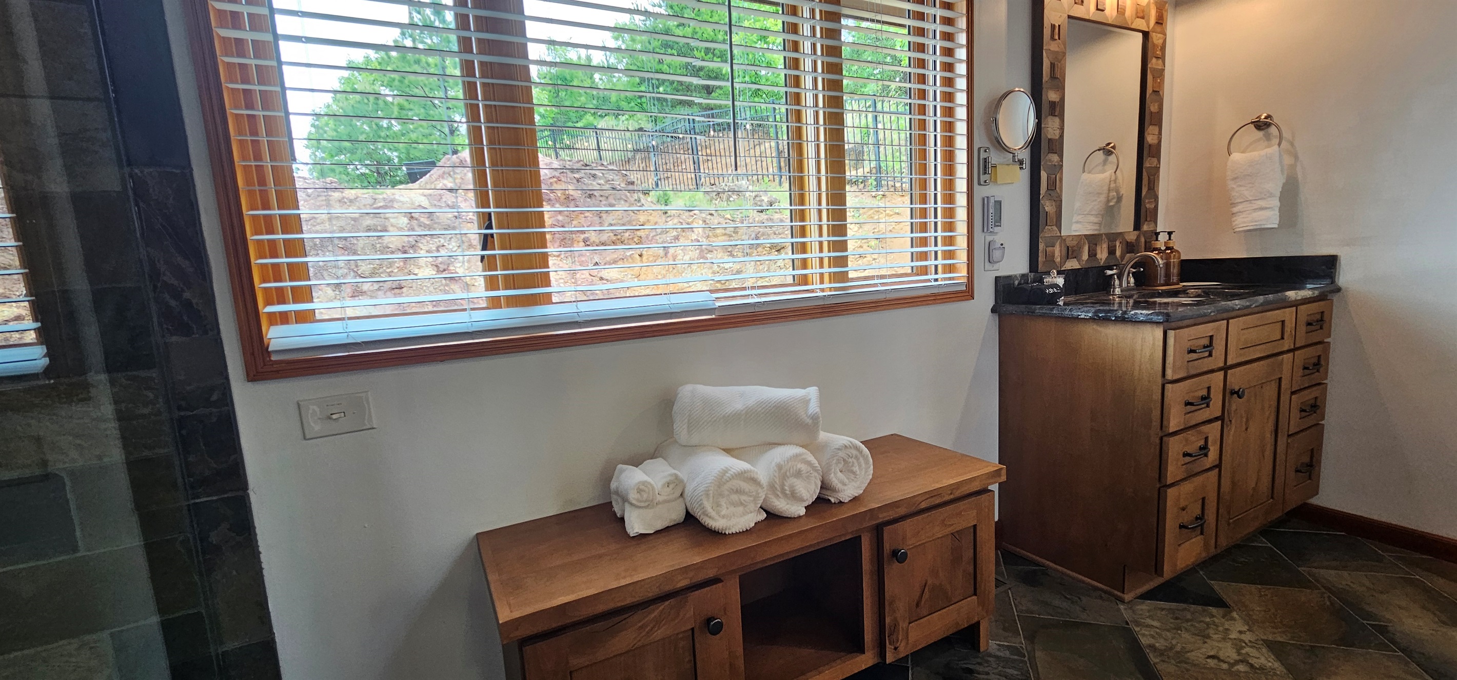You don't even have to close the blinds if you don't want to. You are on the top of the mountain by yourself. Where else can you do that in the Smoky Mountains? Did I mention the floors are heated to? 🤗