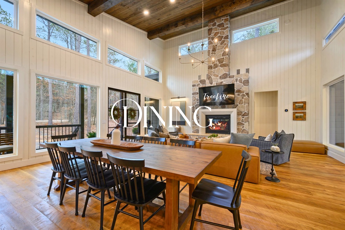 The dining area stretches out beneath high ceilings with plenty of room for shared meals and lingering conversations.