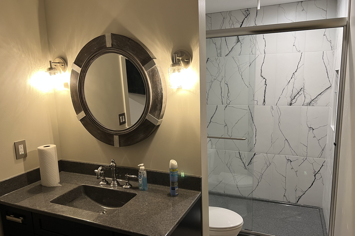 Sink, toilet, shower