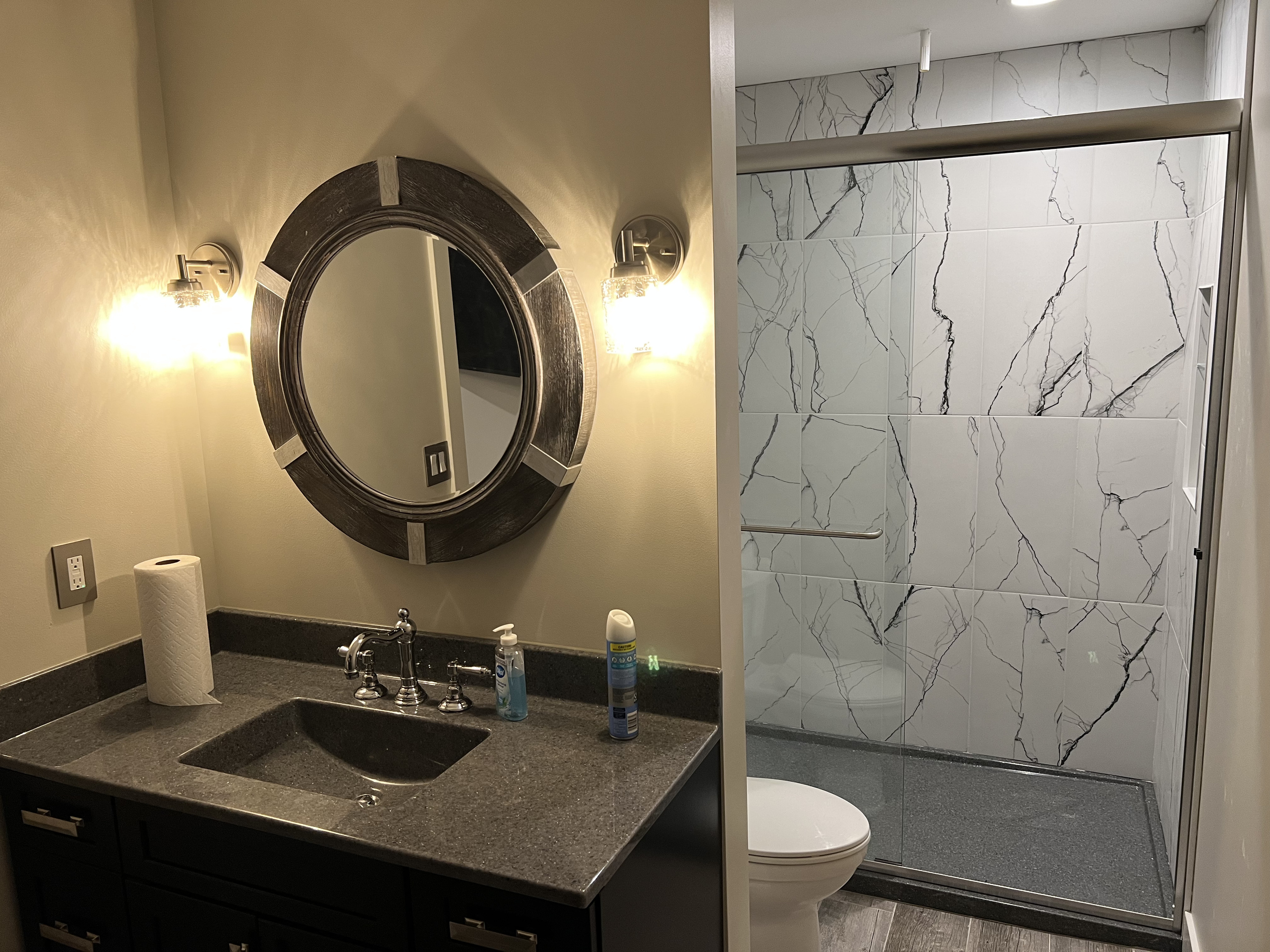 Sink, toilet, shower