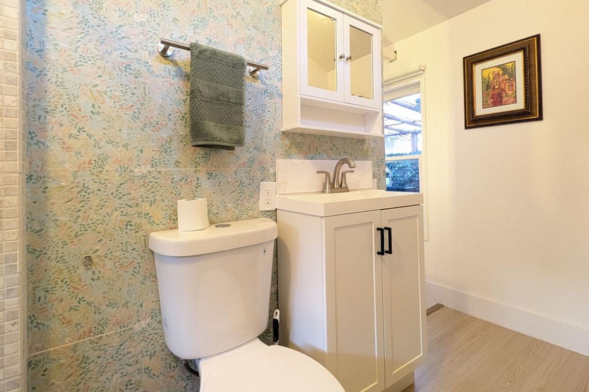Modern vanity with storage.