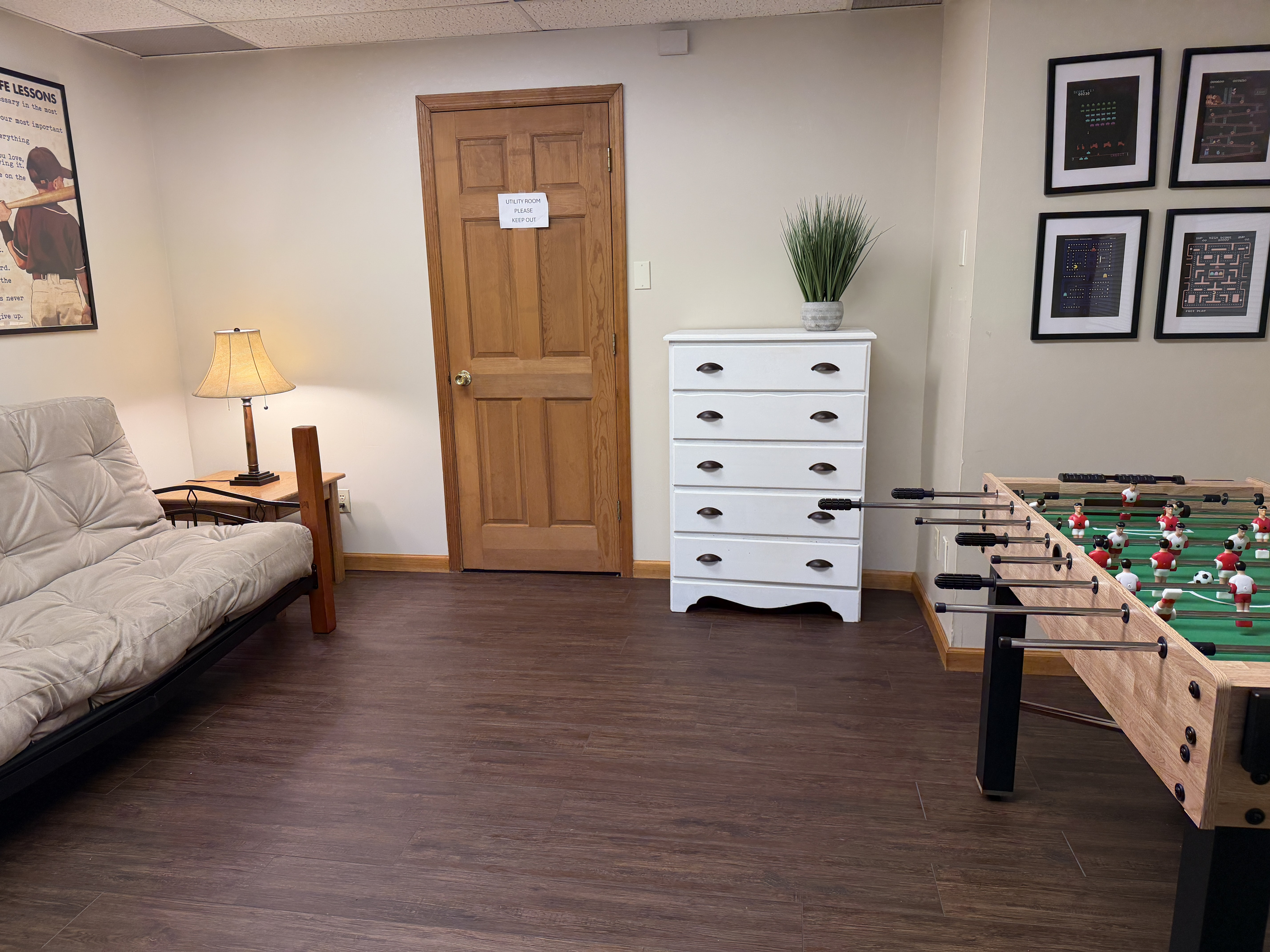 Lower Level sleeping area and foosball
