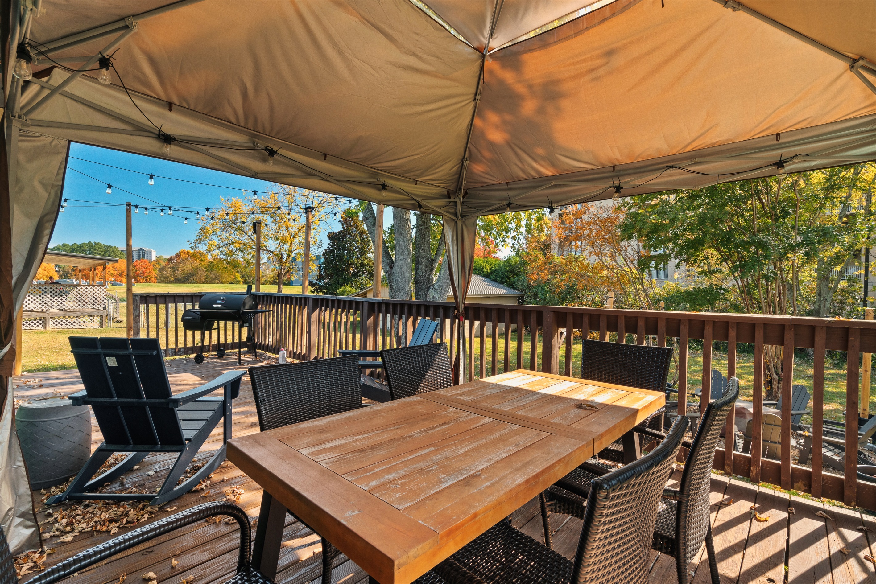 Start your Smoky Mountain mornings here! Sheltered deck dining space offers year-round comfort and scenic views. Ideally located between hiking trails and Pigeon Forge family attractions.