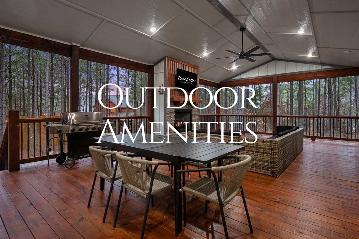Step out onto the large covered deck where outdoor dining and seating make it easy to enjoy meals together while surrounded by peaceful forest views.