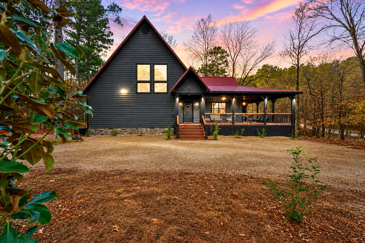 Nestled in the woods, the cabin blends rustic charm with a warm and comfortable atmosphere perfect for a mountain getaway.