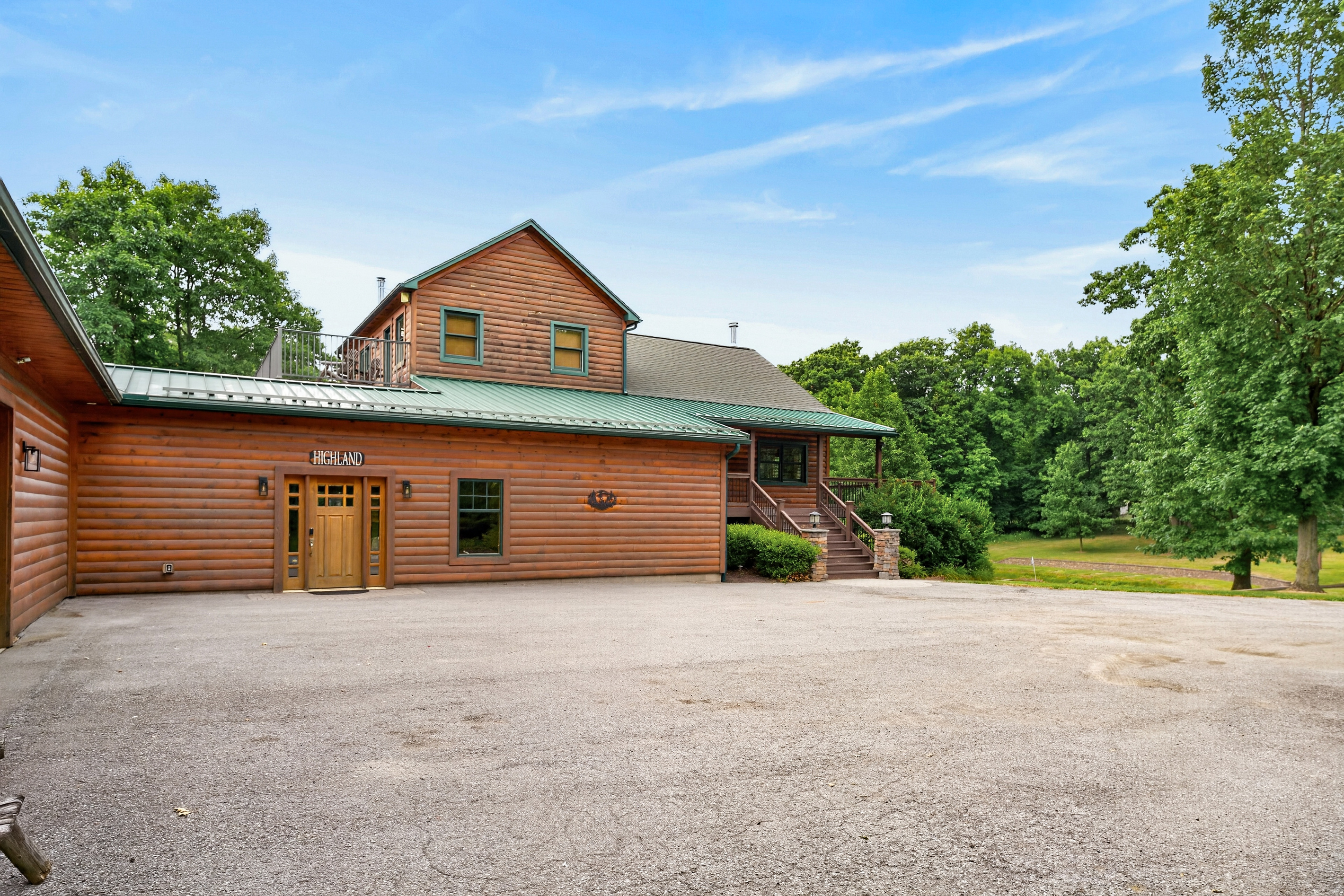 Building exterior with gravel parking