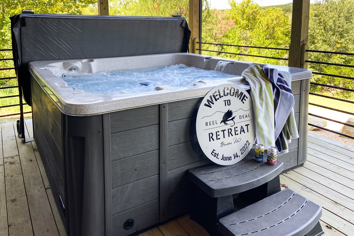 Luxurious hot tub overlooking the lake