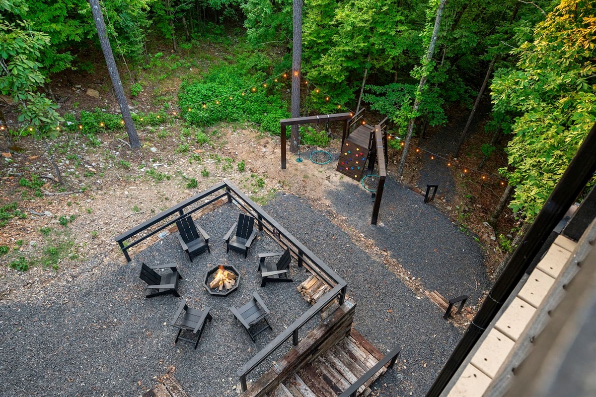 Your view from the upper balcony and grill area looking down to the fire pit and play toy.