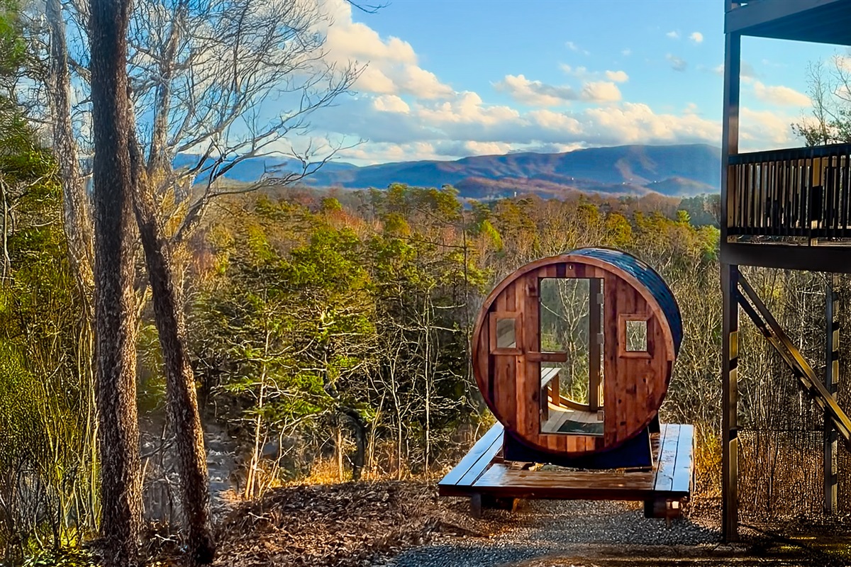 Get STEAMY in our premium, glass wall barrel sauna! Relax, reinvigorate and take in stunning, all-season mountain views of The Smokies!
