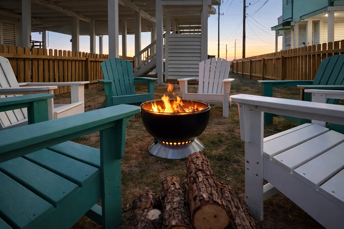 Firepit Close-Up: Cozy Adirondack seating makes this the perfect late-night hangout after a beach day.