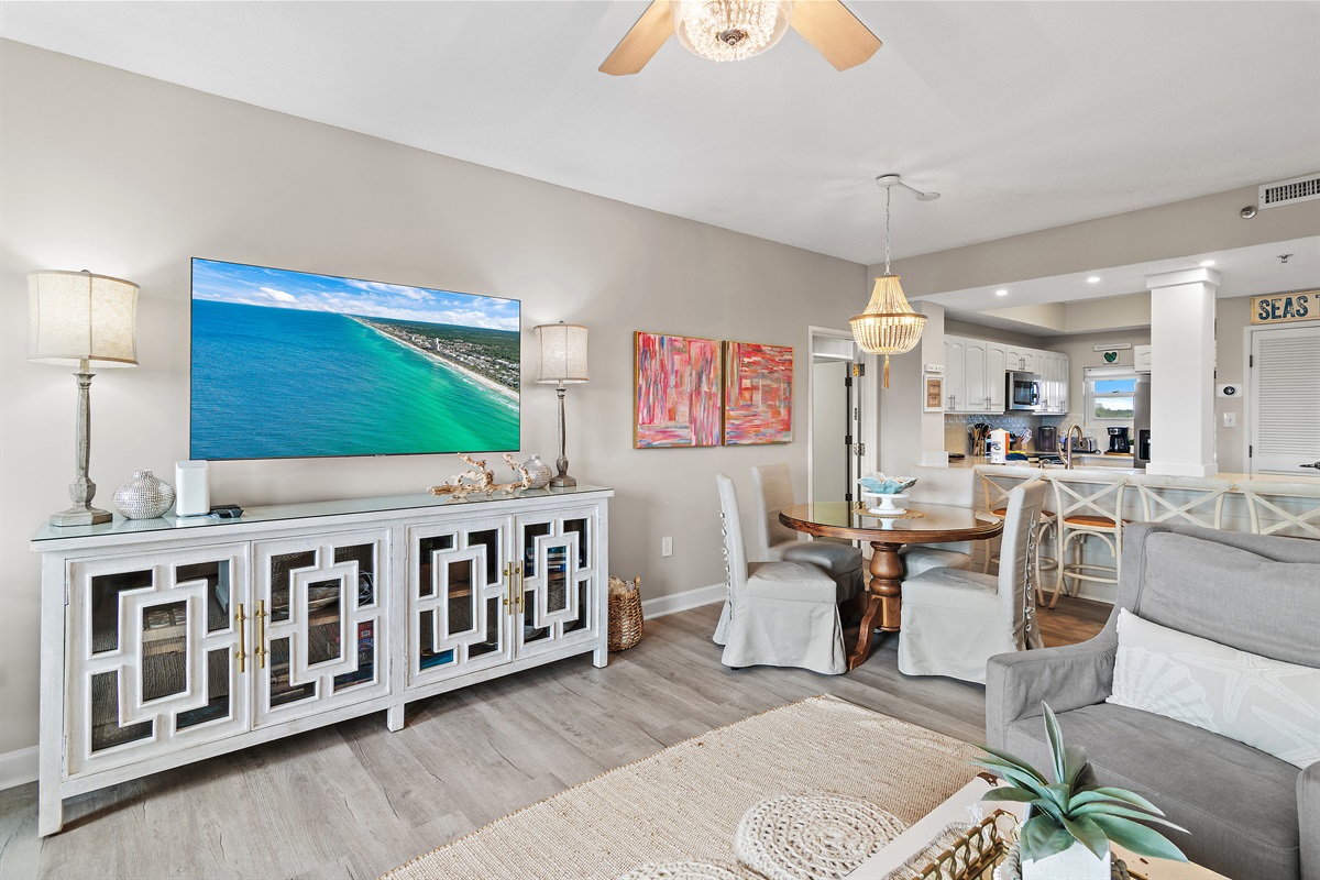 Tops'l Summit 405 has comfortable living room furniture (including a queen sleeper sofa), 65" Smart TV, Views of Tops'l State Park and Partial Views of the Gulf of Mexico
