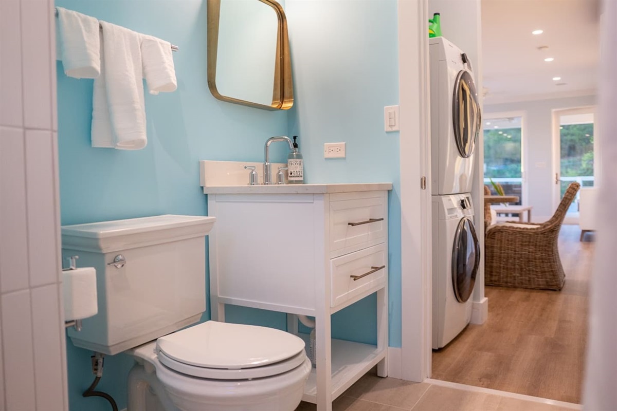 Main bath with essentials for your stay.