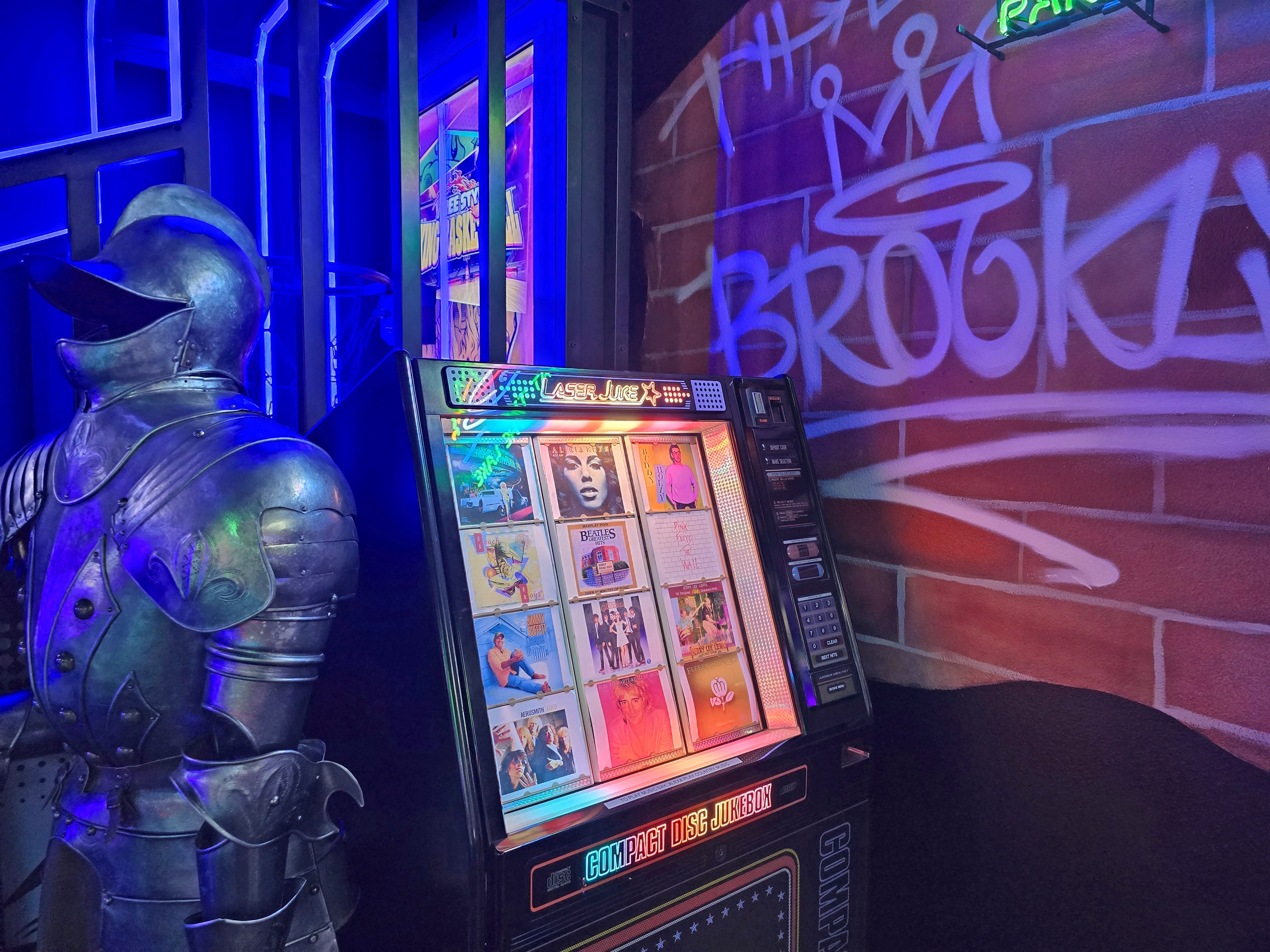 Play your favorite songs on the jukebox operated with Alexa. Just say, "Alexa, play country music" or "Alexa, play the Beatles."