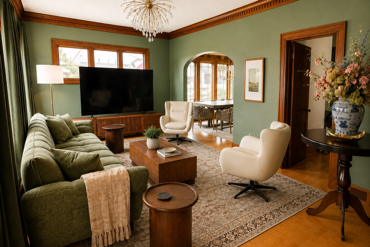 Gather in this inviting living room featuring comfortable seating, rich historic character, and a large Smart TV for movie nights or game days. The perfect place to relax, connect, and unwind after a day of exploring with family and friends.