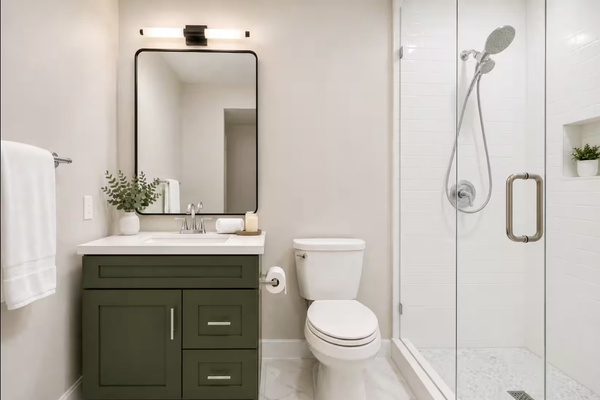 Bright full bathroom with walk-in glass shower