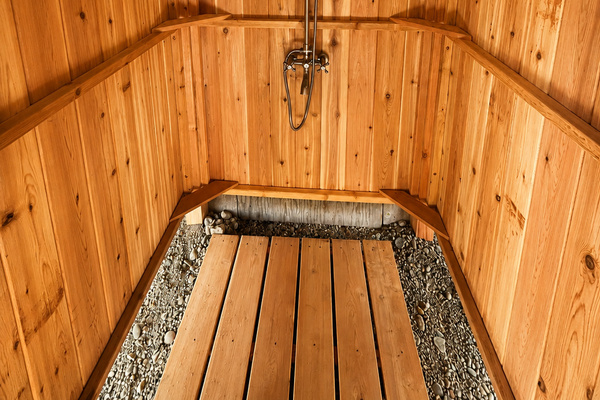 Private outdoor shower makes it easy to rinse off the sand after a relaxing day at the beach.