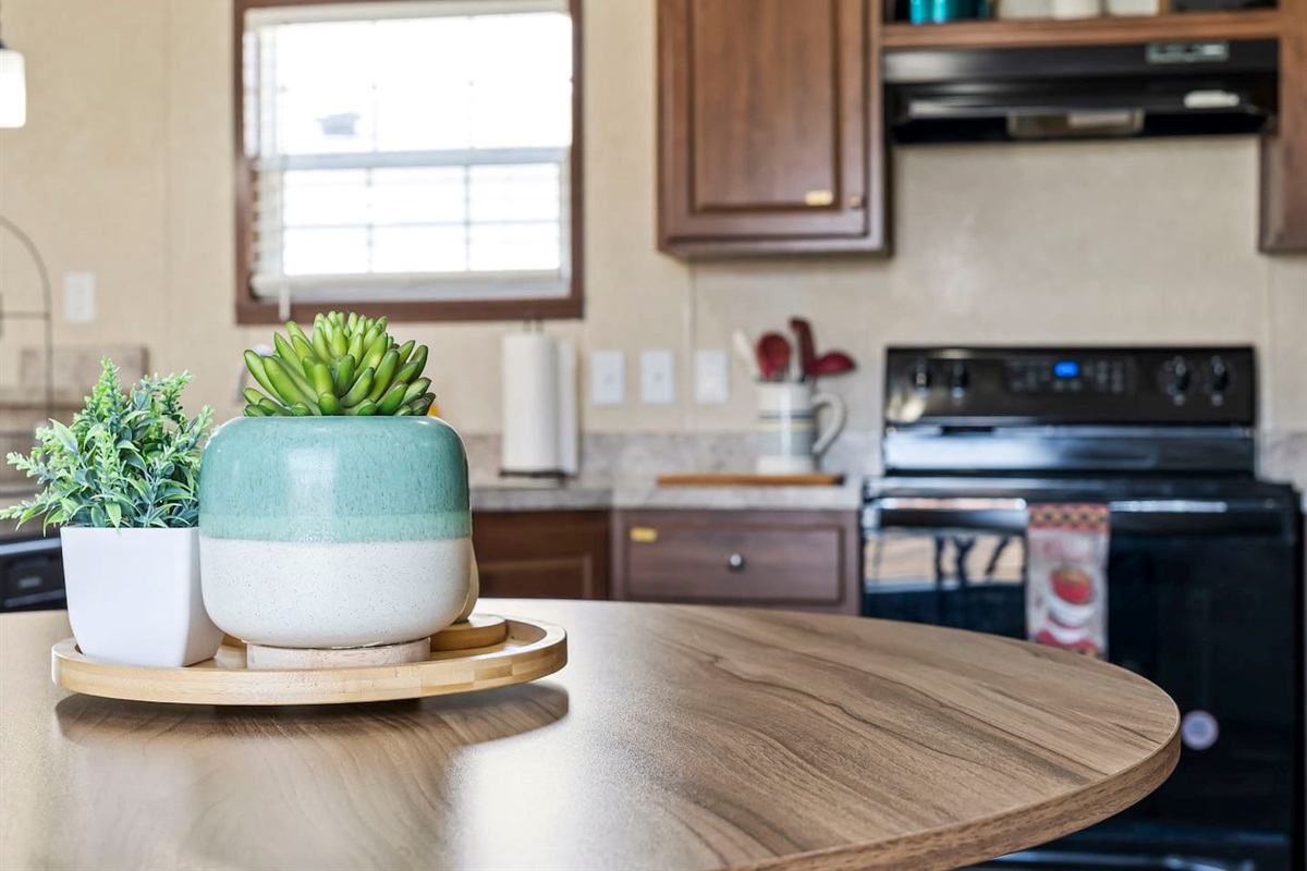Close-up of the dining table setup with tasteful décor—perfect for enjoying morning coffee or evening meals.