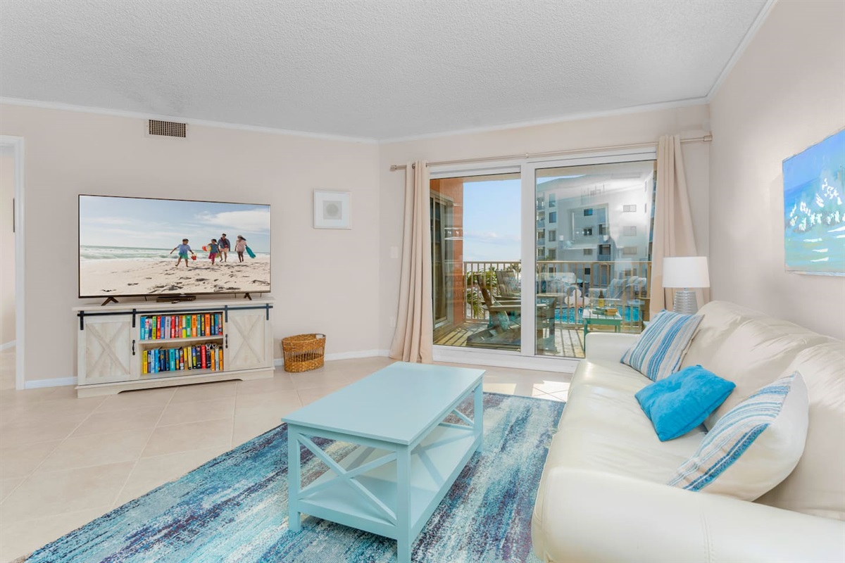 Massive Open Living Room with Cozy Fireplace Huge LED Smart TV