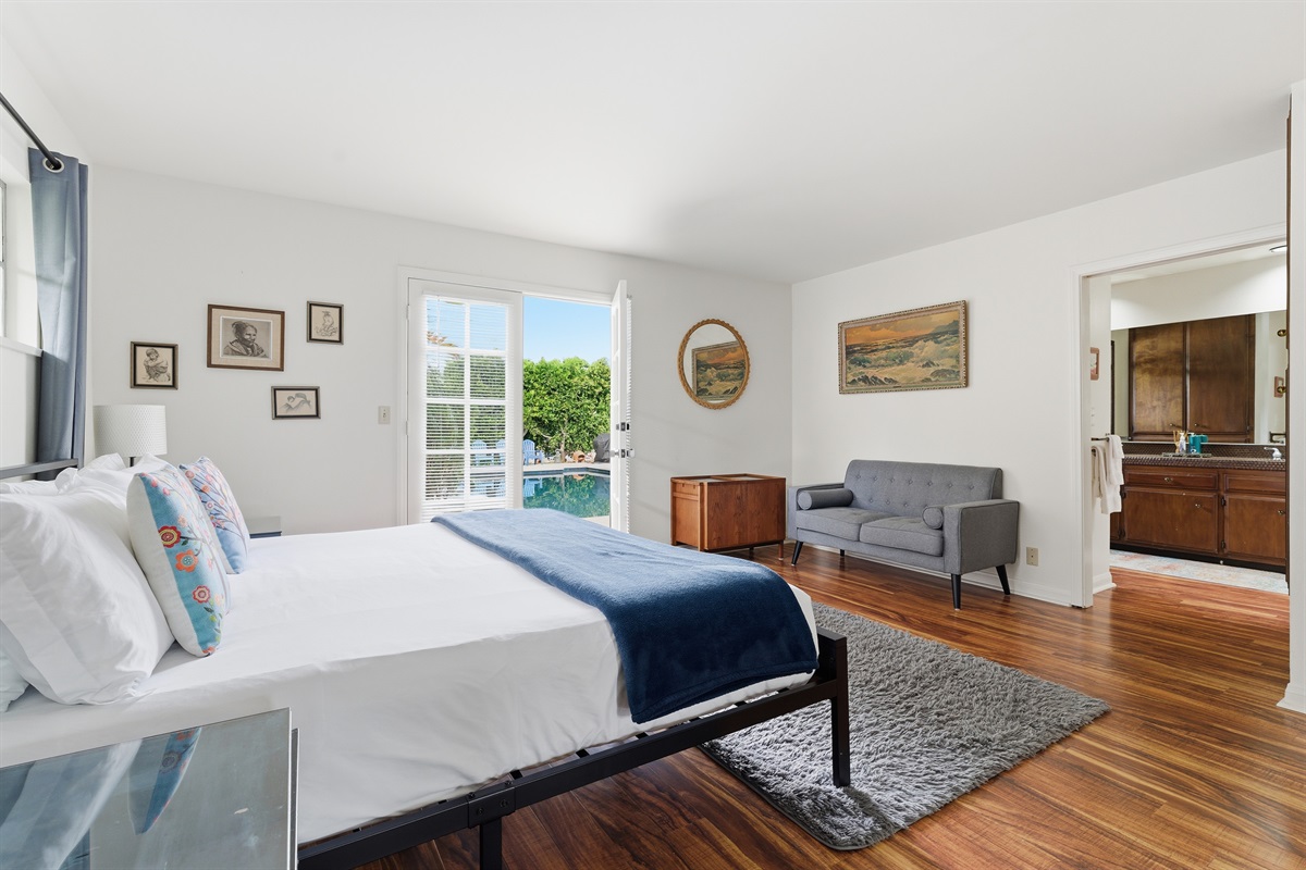 King bed with attached "copper bathroom"