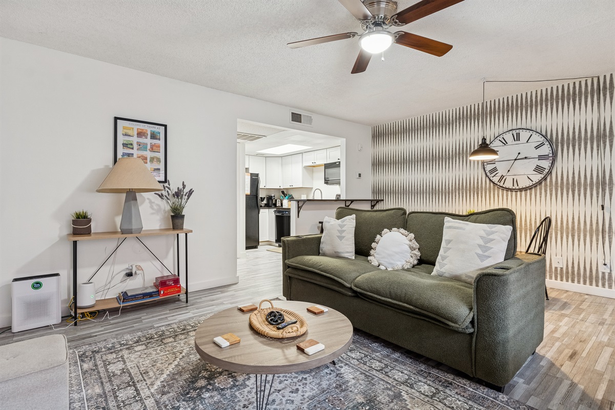 Relax in style in the living room.  This couch also has a pull out sleeper.