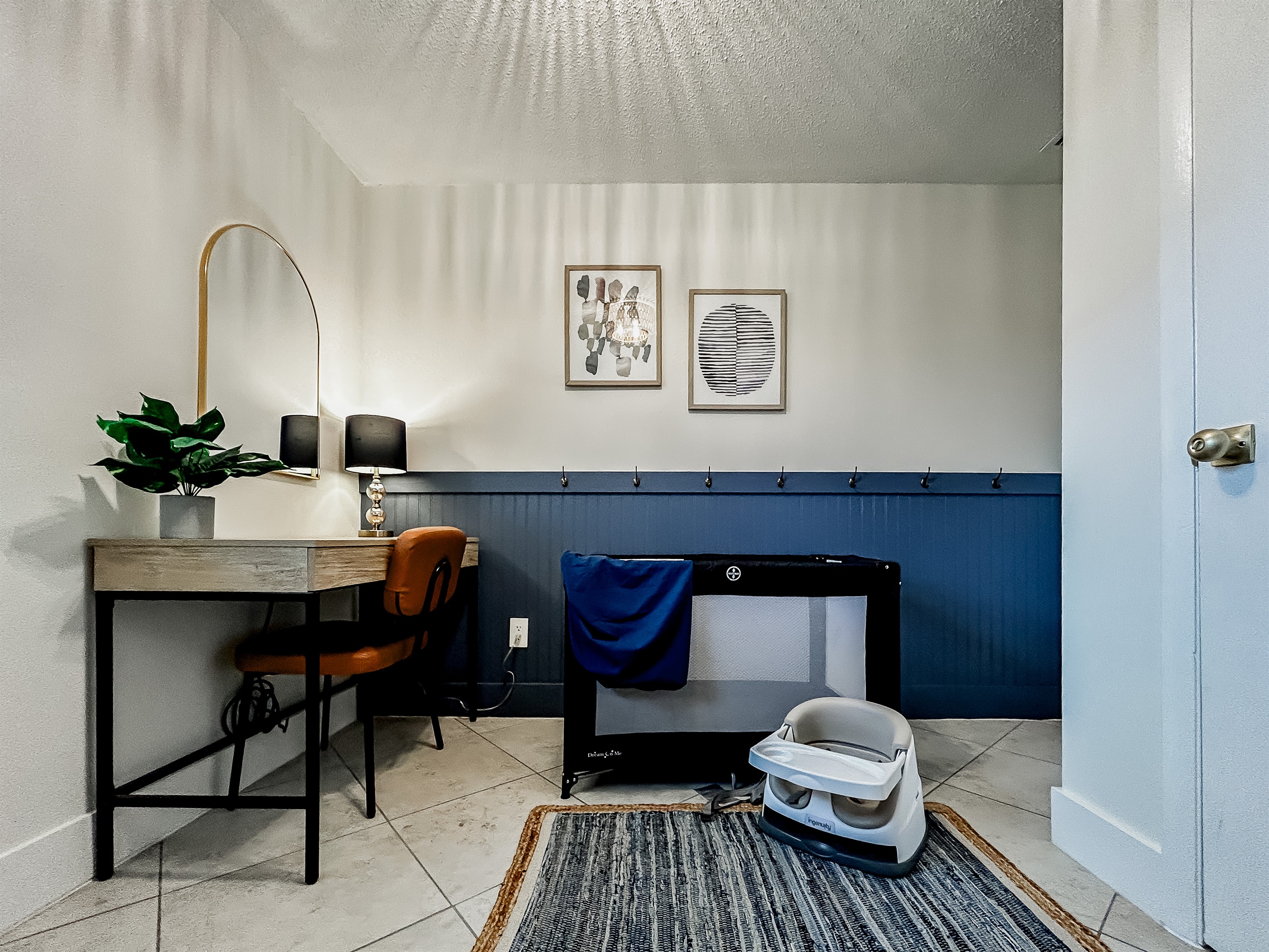 Kid Friendly Travel Items Including: Play Pen, Play Pen Sheet, Portable Chair with Tray, Small Table Top Fan for White Noise