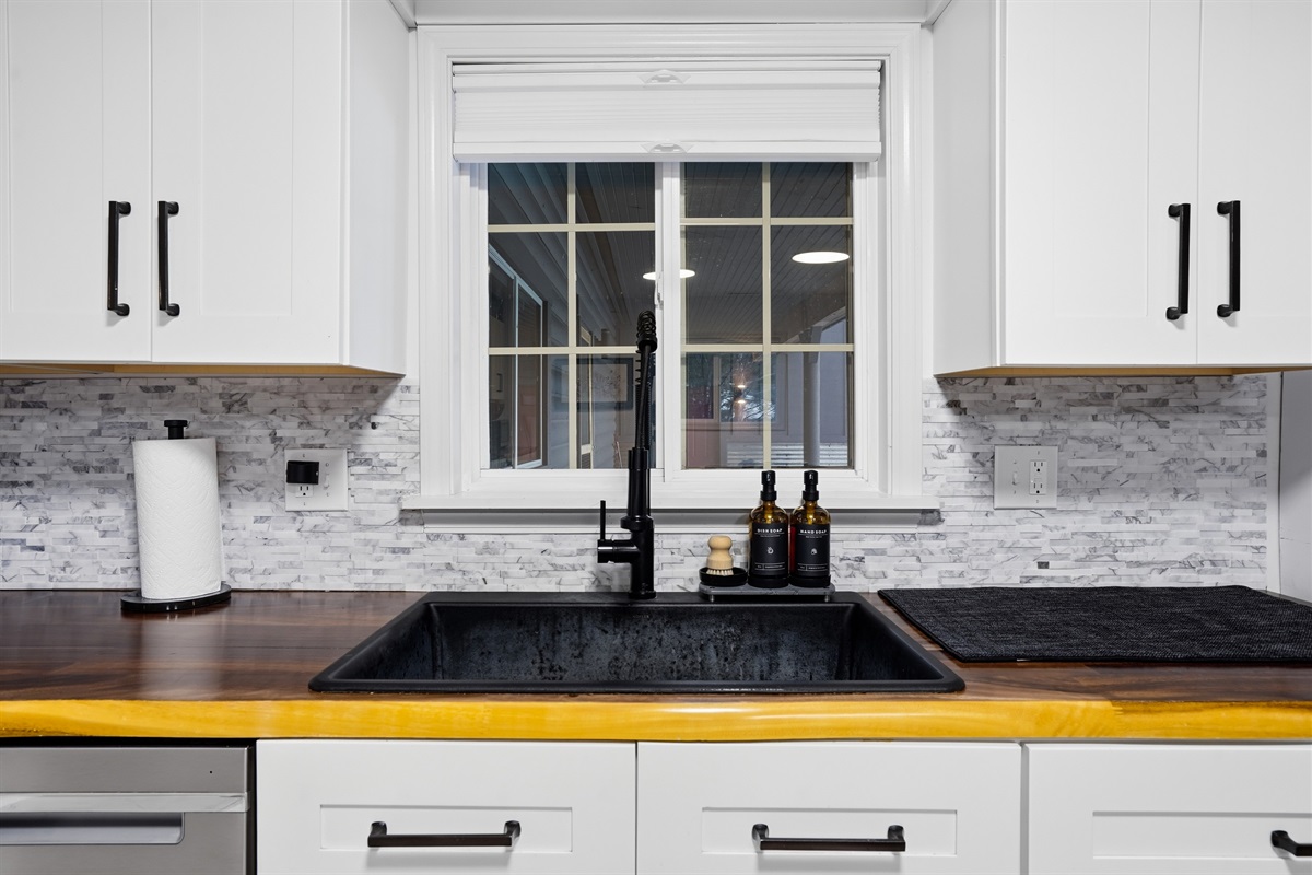 Clean counters and organized cabinet storage.