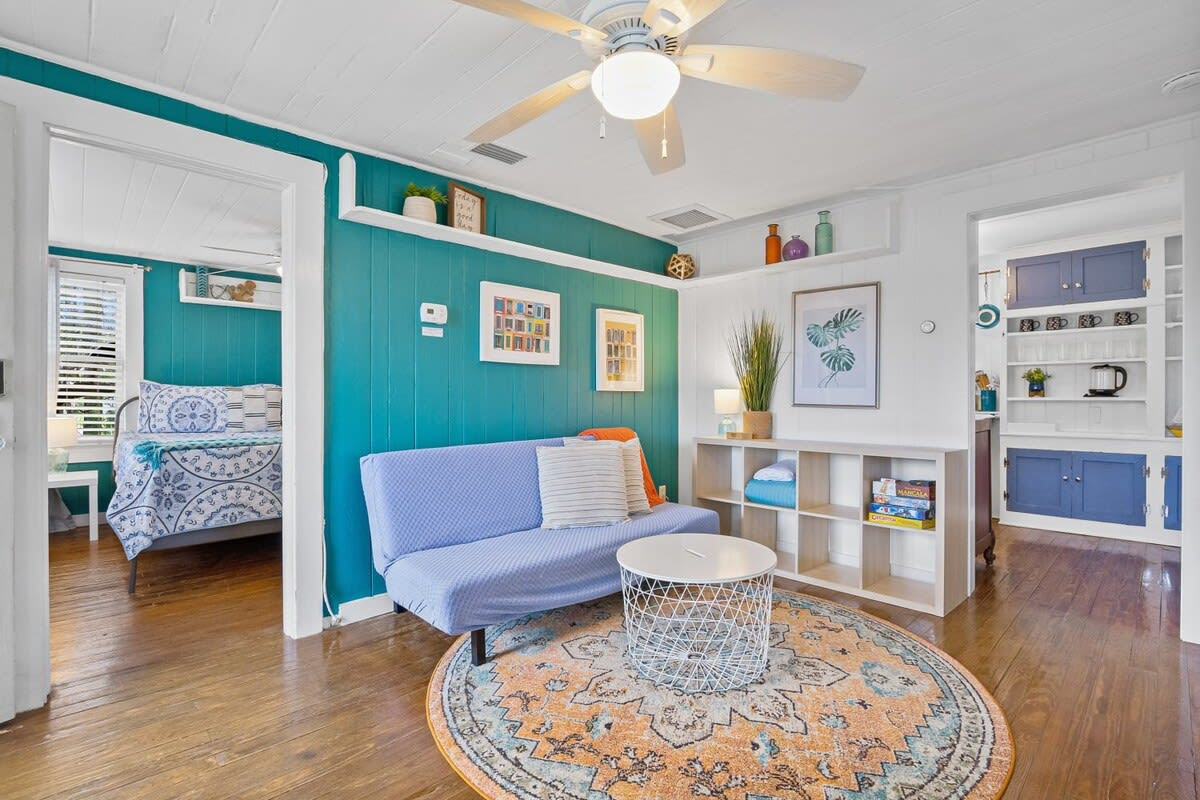 The futon in the living room folds out to a full-size bed, which is how three of you fit here comfortably. Perfect for the friend who decided at the very last minute that they were coming along on this trip after all.