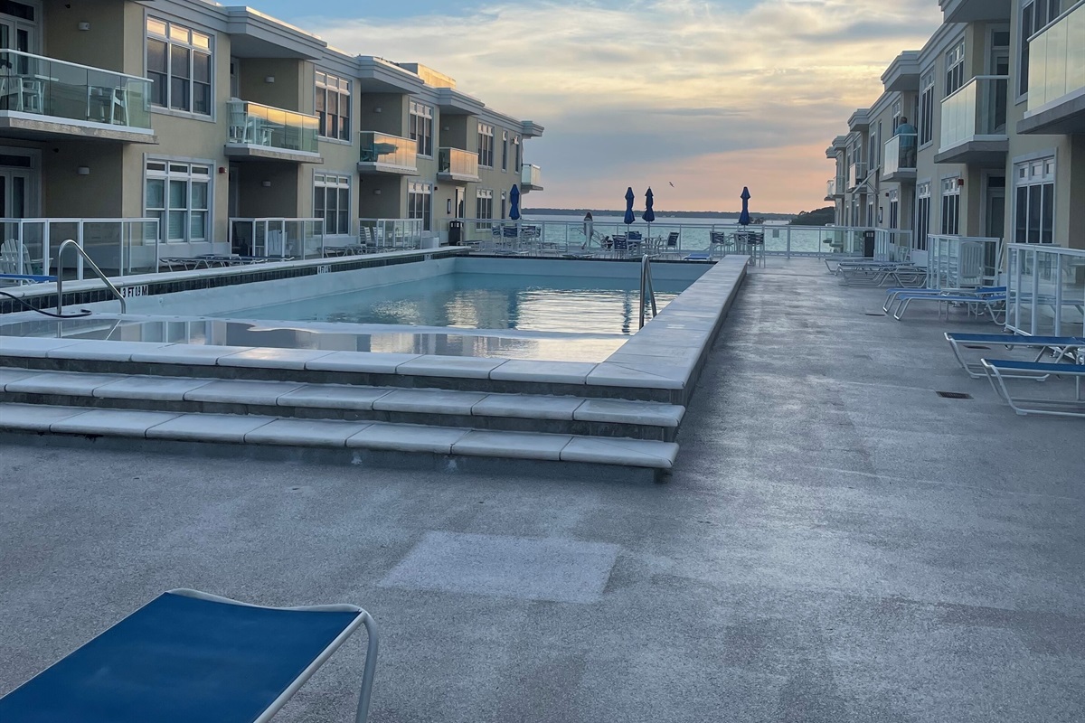 Shared rooftop pool overlooking bay
