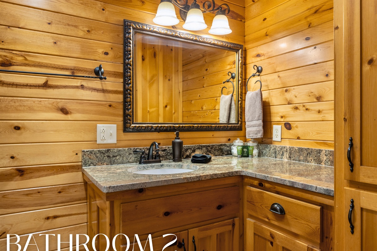Bathroom with granite vanity and cabin charm.