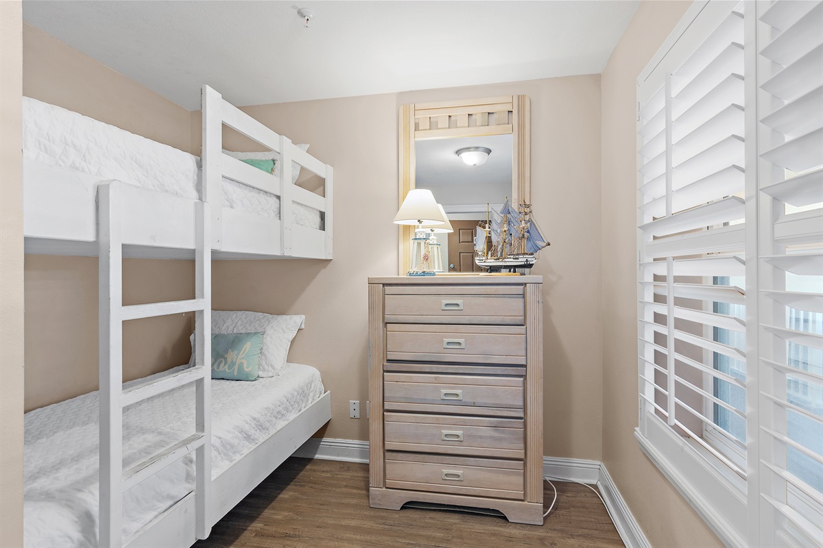 Bedroom 3: Twin Bunk Beds, Smart TV, Access to Bedroom 2 Bathroom via hallway door (Sleeps 2)