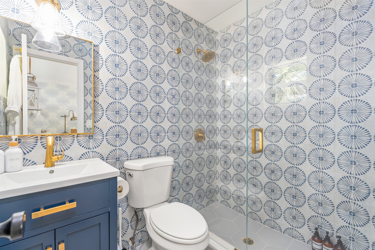 Spa-like main bathroom featuring a walk-in glass shower and modern vanity.