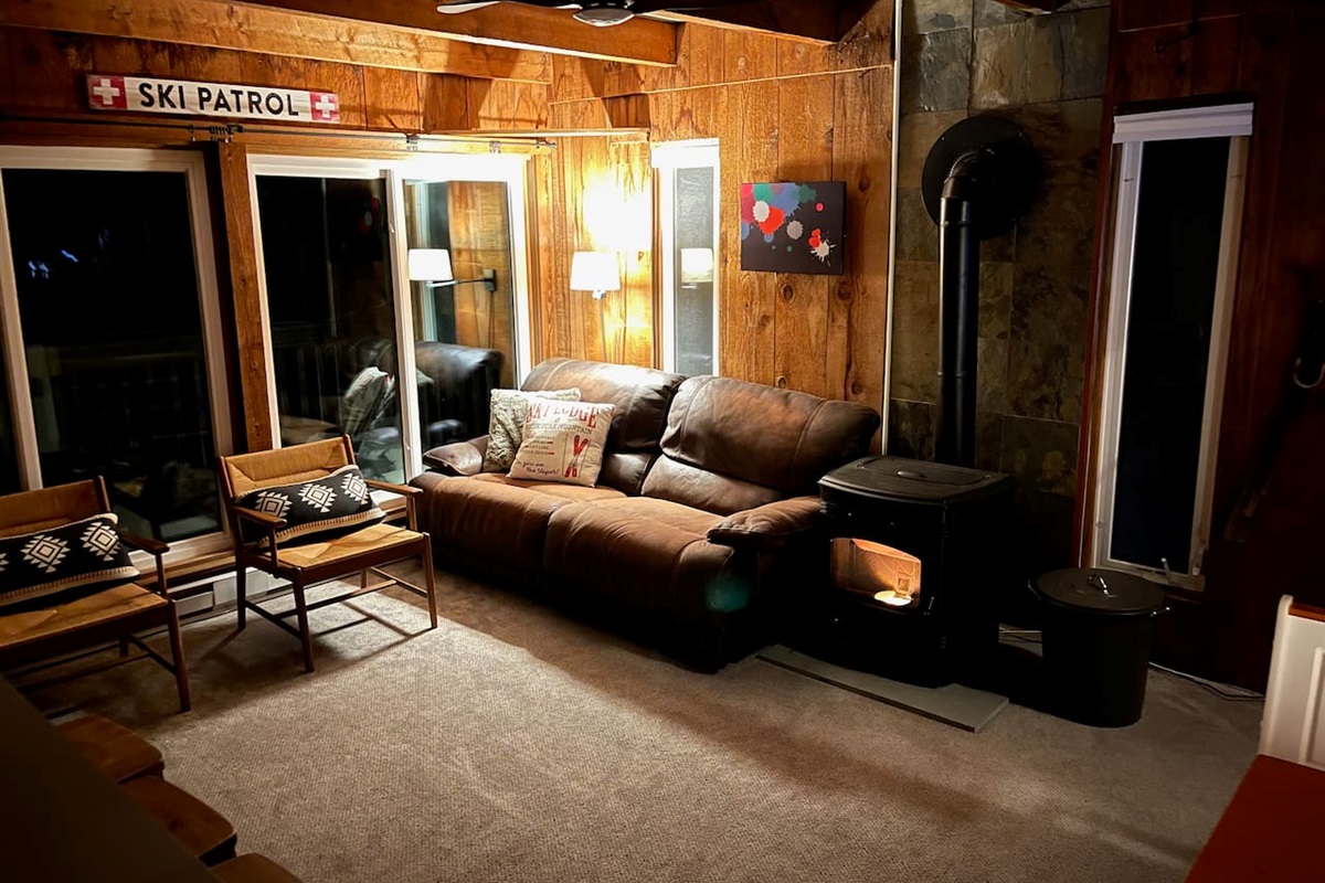 Cozy wood pellet stove in the middle of the living room