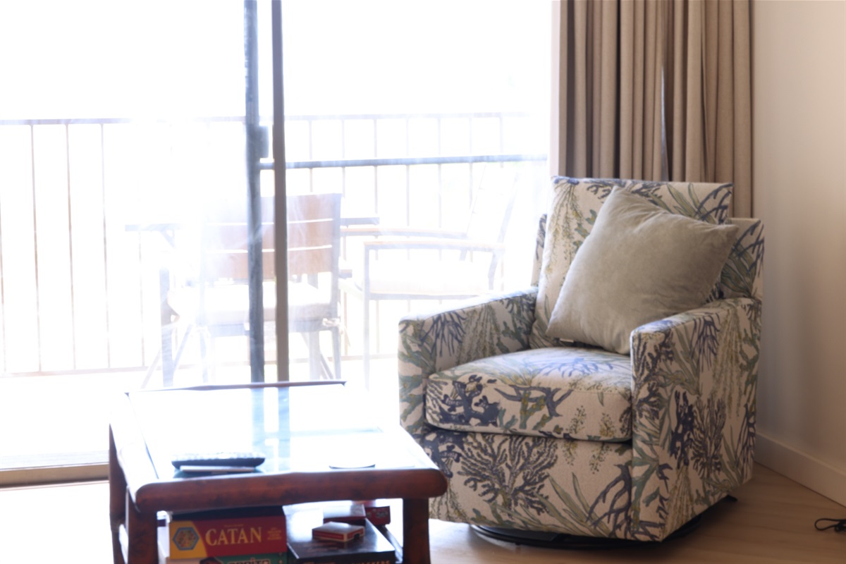 We are in the process of updating our living room furniture.  We are excited to offer our guests a fresh, new look.  We have one of the new chairs in the condo currently and will add another chair, new couch and barstools in August. 