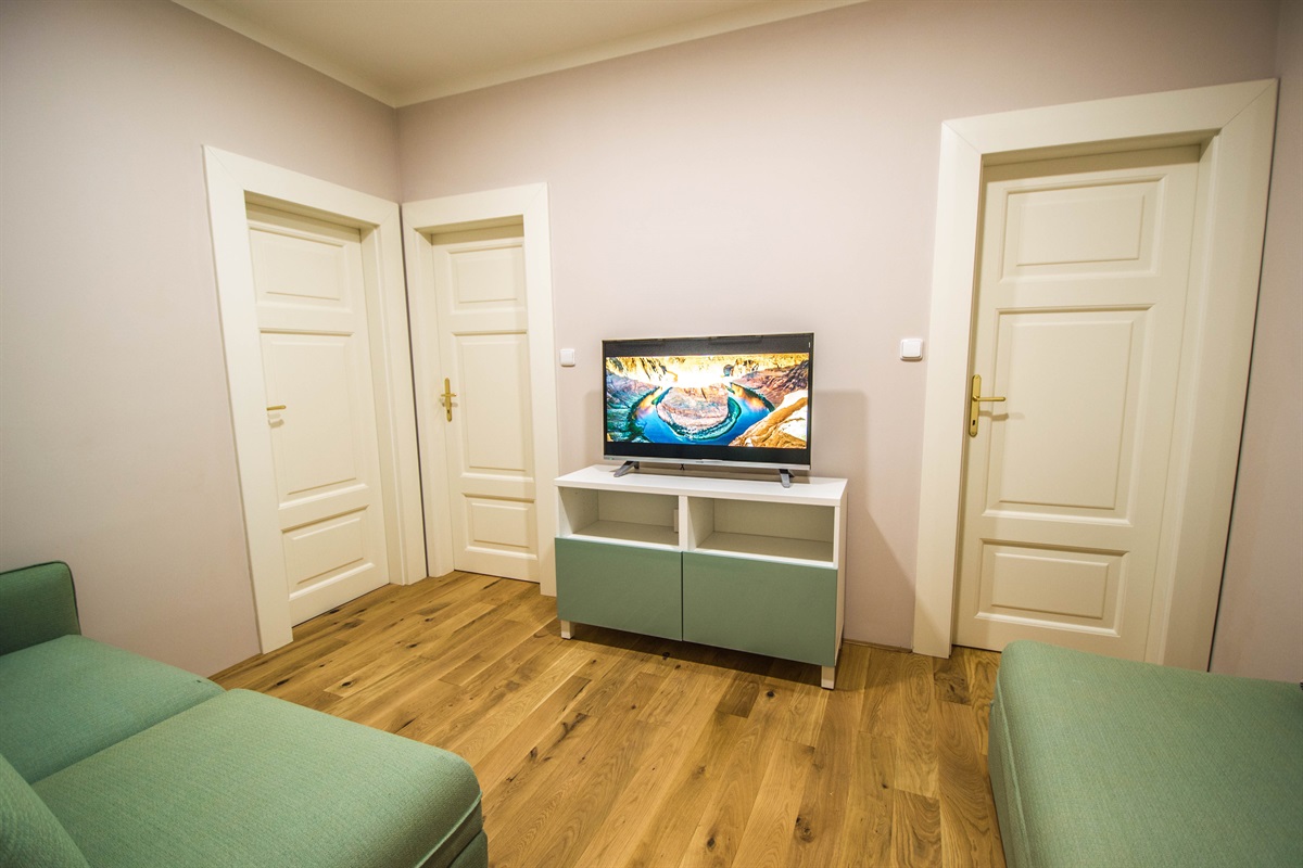 Living room with a sofa and a flat screen TV with cable channels