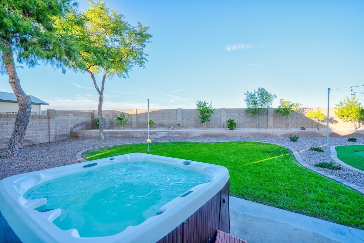 Hot tub is always heated and ready for use! Tetherball can be seen in the background