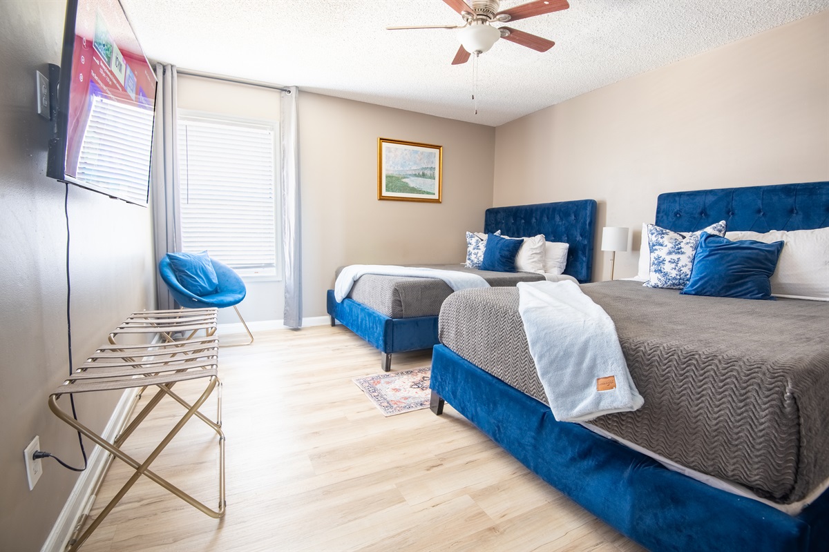 The bedroom is thoughtfully designed with gentle colors and includes a smart TV with all your favorite streaming apps for your comfort and viewing pleasure!