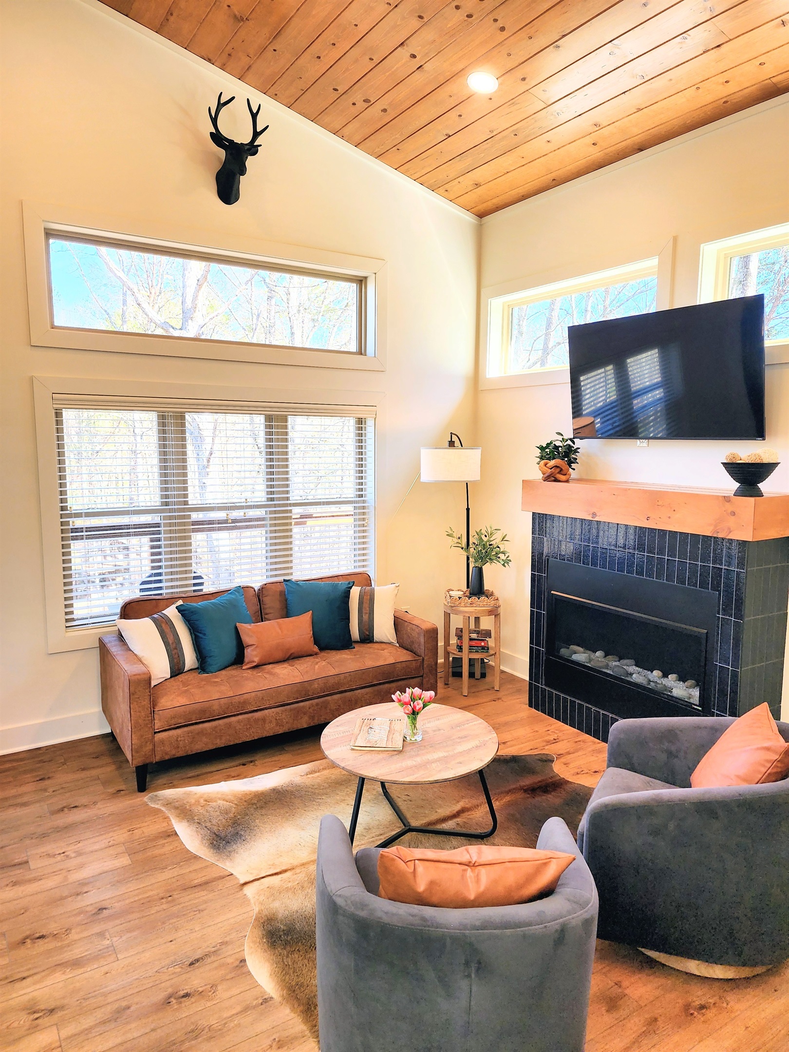 Living room with Smart TV and fireplace - open concept connects to kitchen, modern furniture, cozy space to relax after a day at Dollywood or the Parkway.