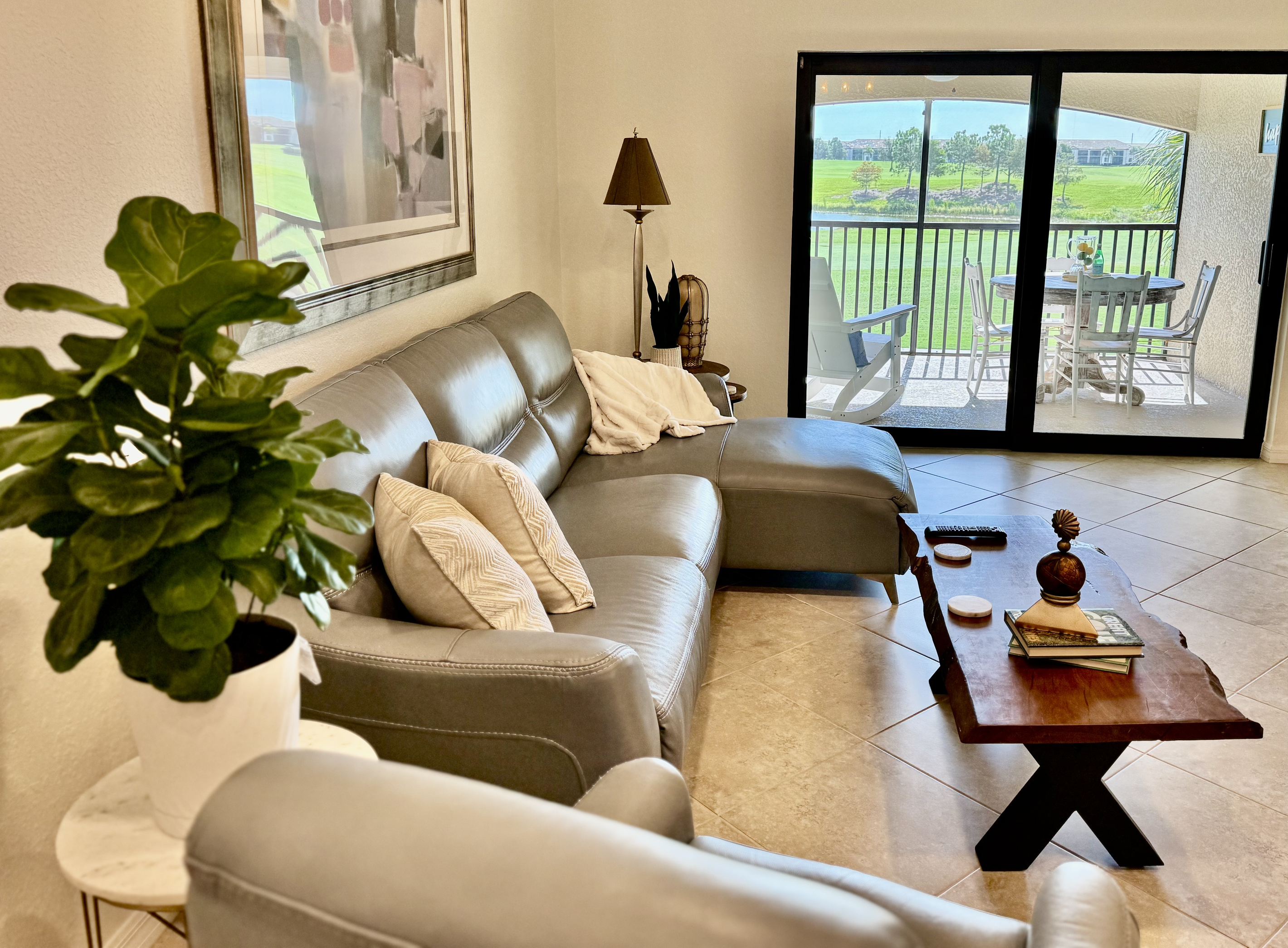 Living room overlooks the 9th fairway—golfers appreciate it, non-golfers enjoy the view and quiet.