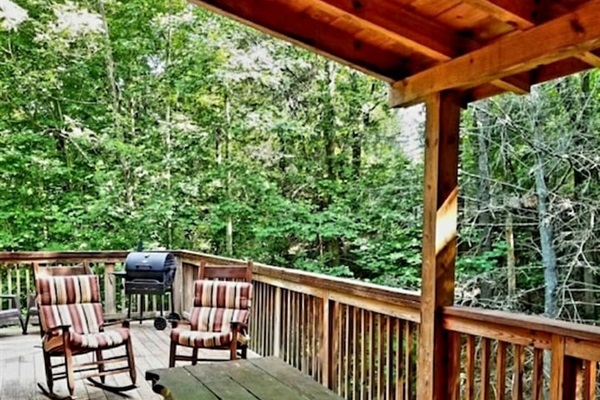 Upper deck- large wrap around upper deck with seating, rocking chairs and grill- fully enclosed for little ones and furry ones