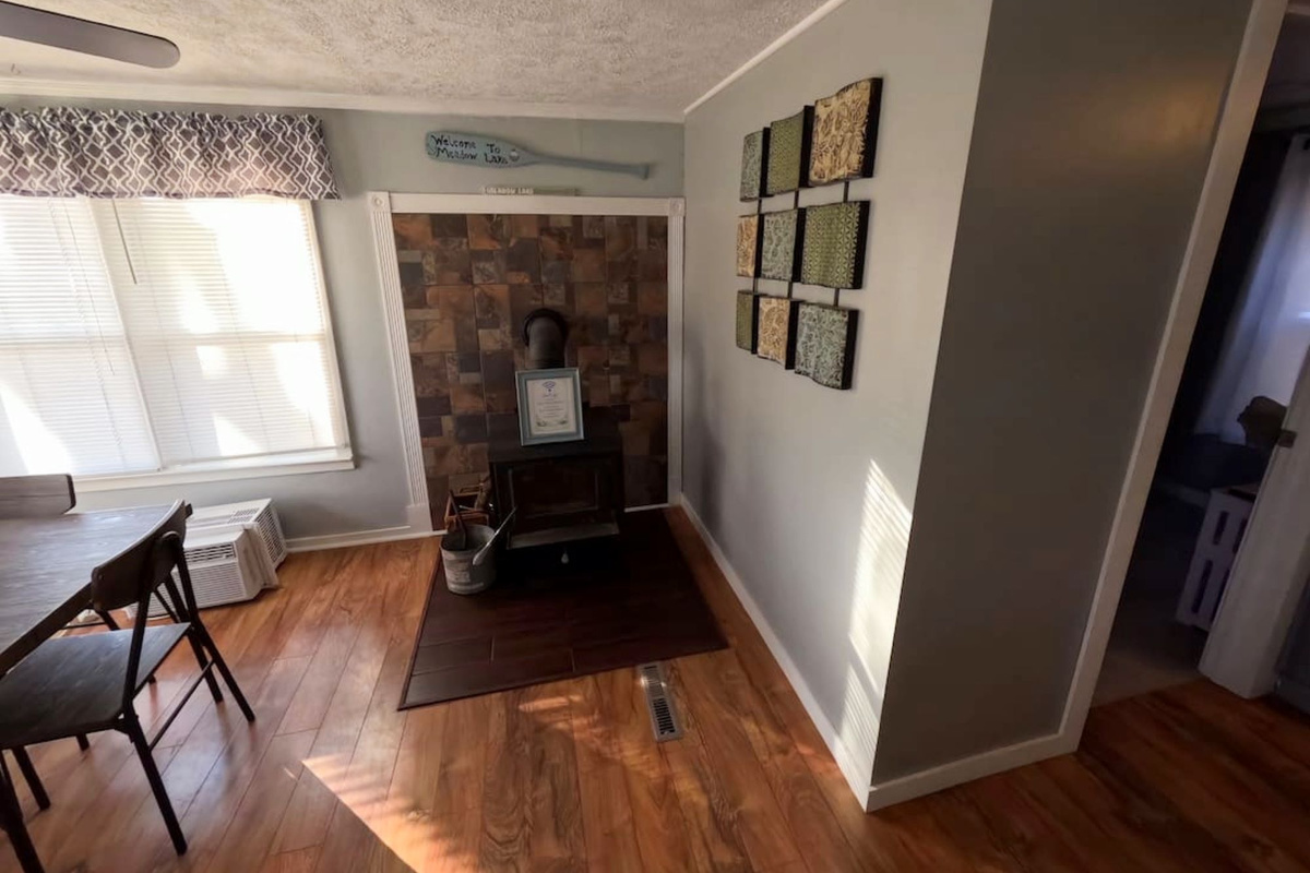 wood stove near dining area