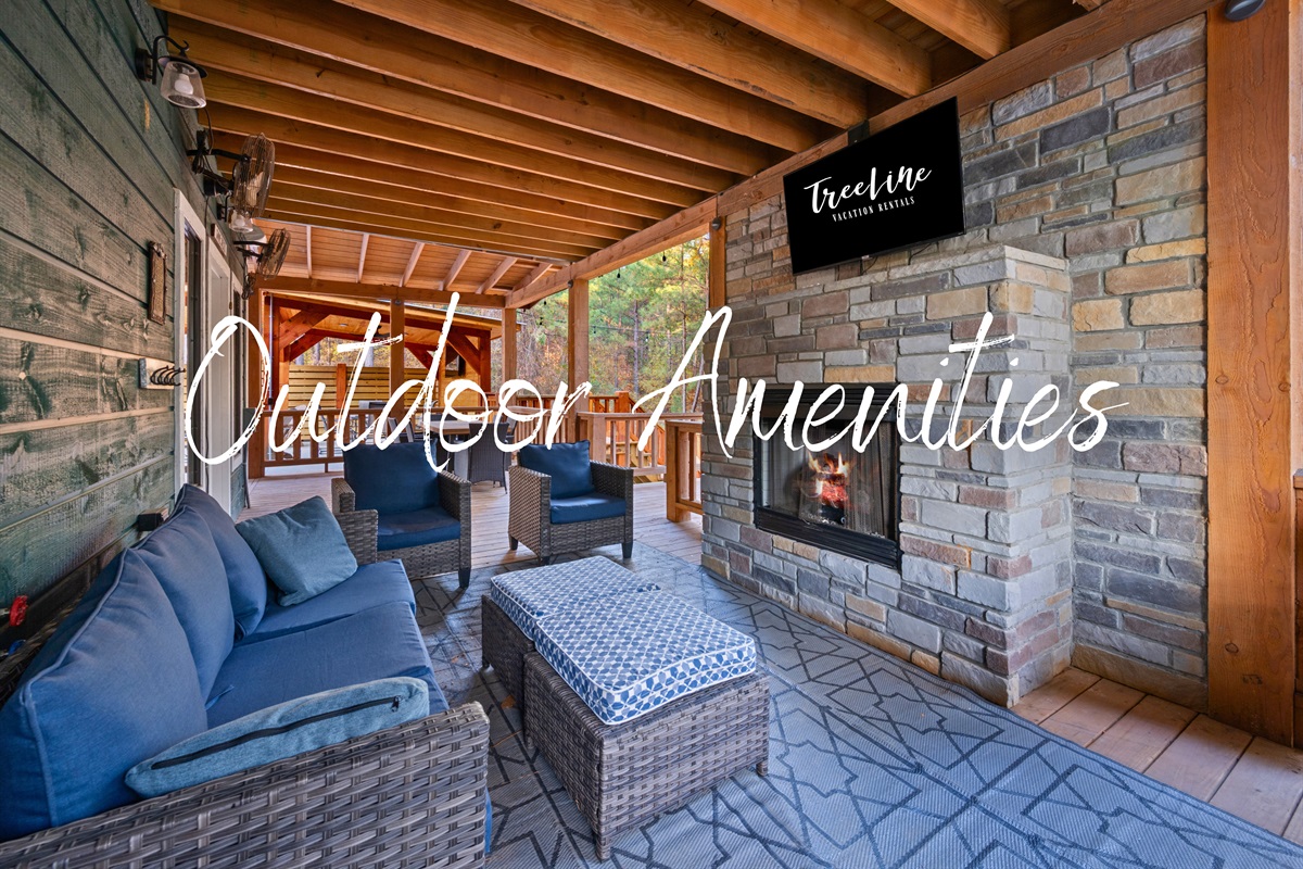 Cozy up by the outdoor fireplace. Perfect for s'mores and starry nights.