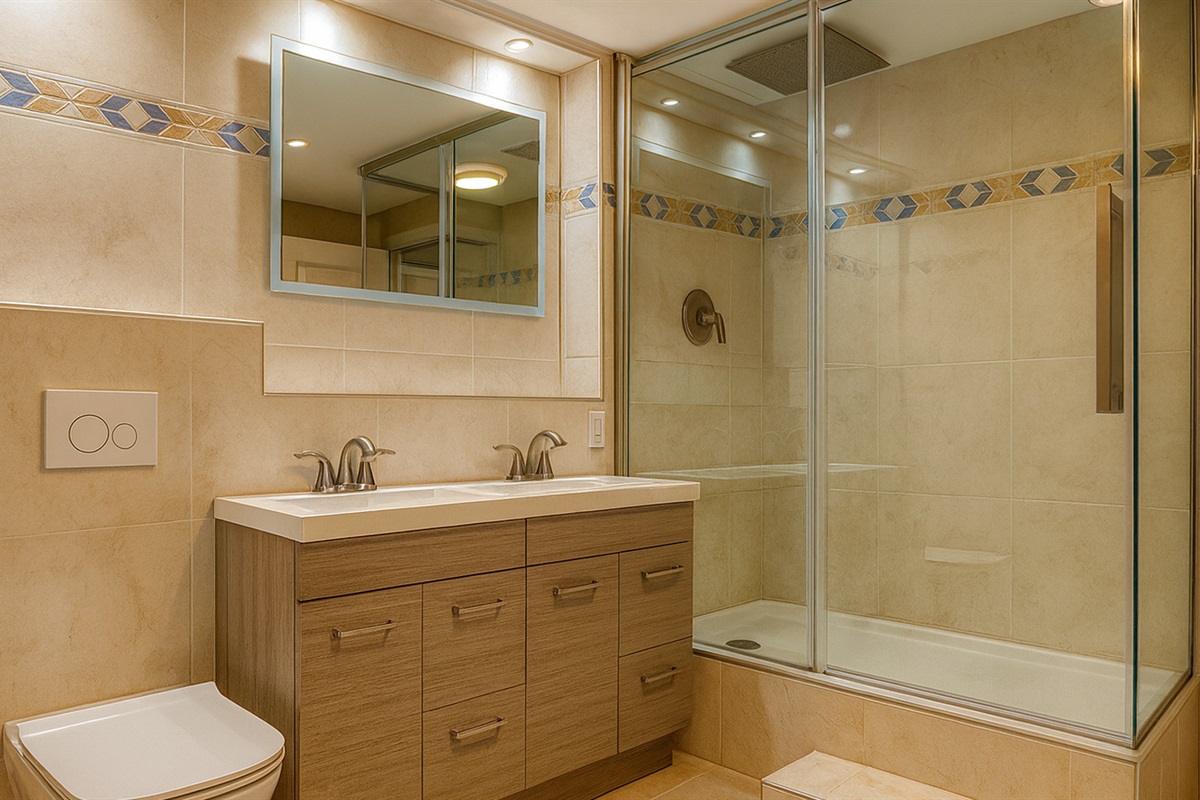 Luxurious master bathroom with modern fixtures, granite vanity & spacious glass shower—your spa-like retreat after a day at Madeira Beach & John's Pass in Seminole.