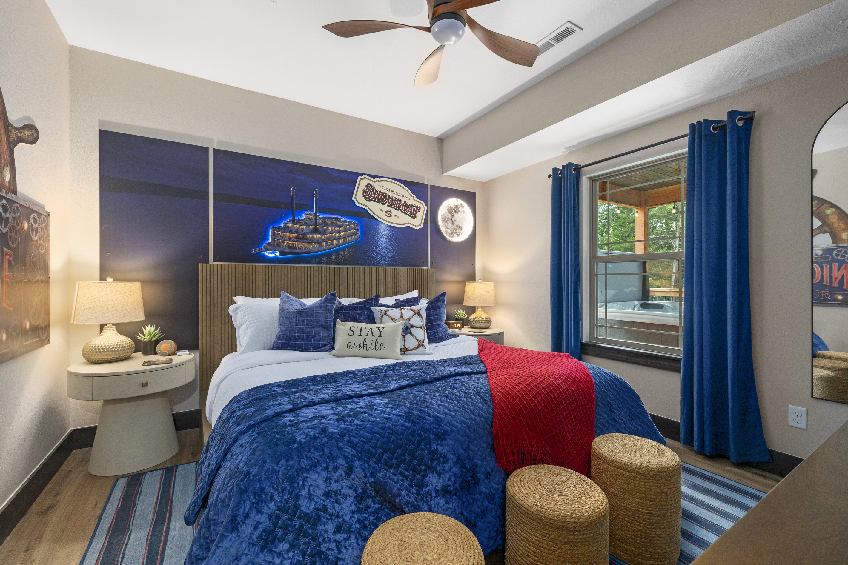 Turn in at the Riverboat in Moonlight Room, where a paddle-wheeler glows under the moon.