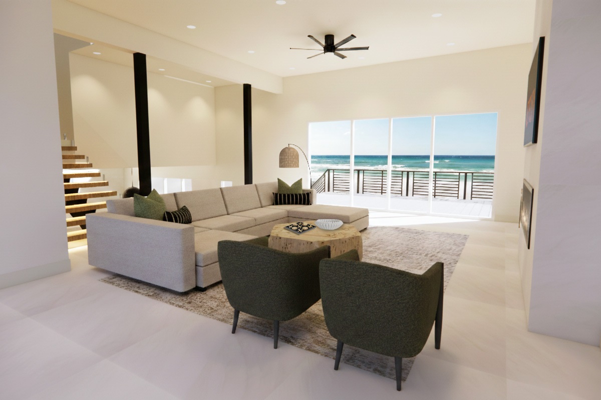 Panoramic windows frame both sunrise over the Atlantic and sunset over the Guana River — a view that changes with every hour.
Design rendering shown; professional photography coming soon.