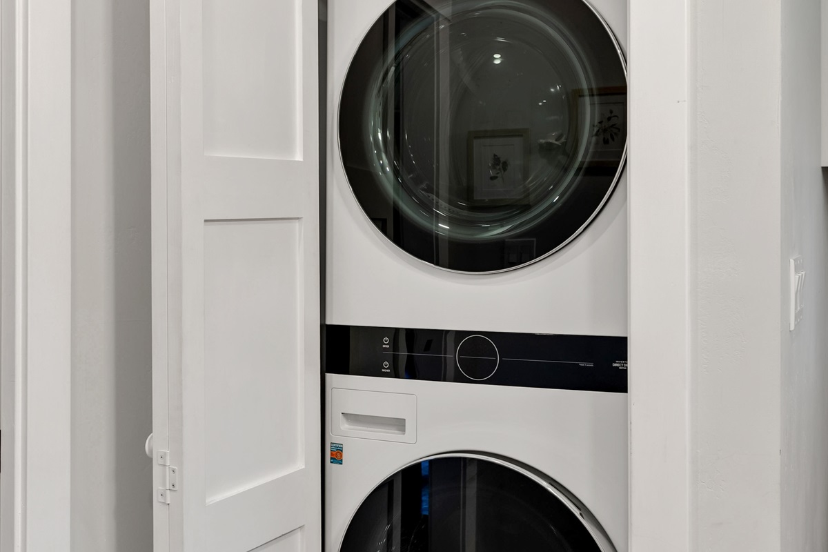 Full-size stacked laundry  perfect for busy medical schedules.
