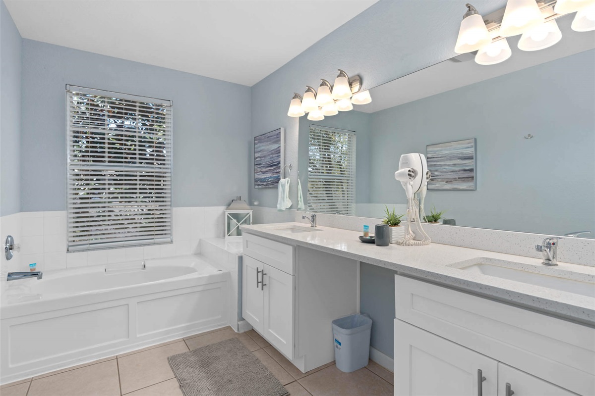 Upstairs ensuite with shower and soaker tub