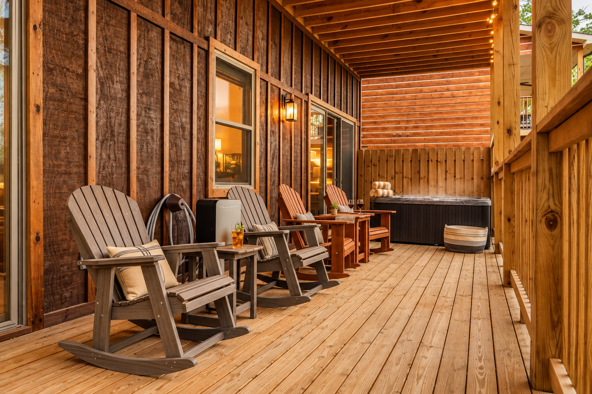 Four rockers, a drink cooler, wall lanterns, and a hot tub stocked with towels.